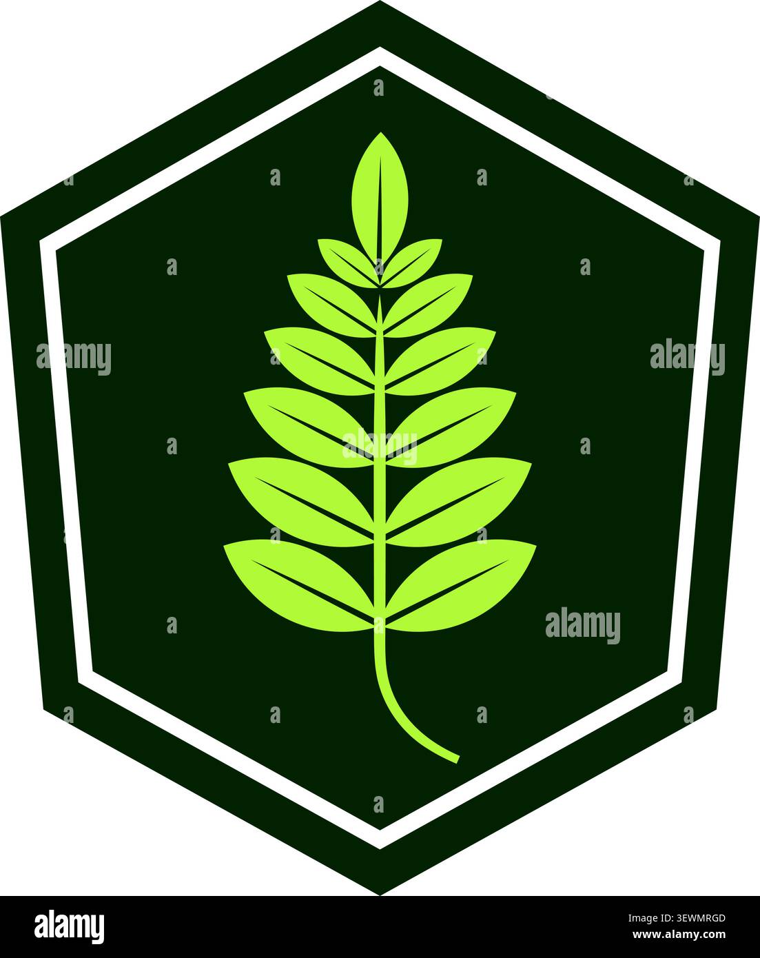 Green Leafy Plant on Hexagonal Shield, Eco Icon, Leaf Shape Stock Vector