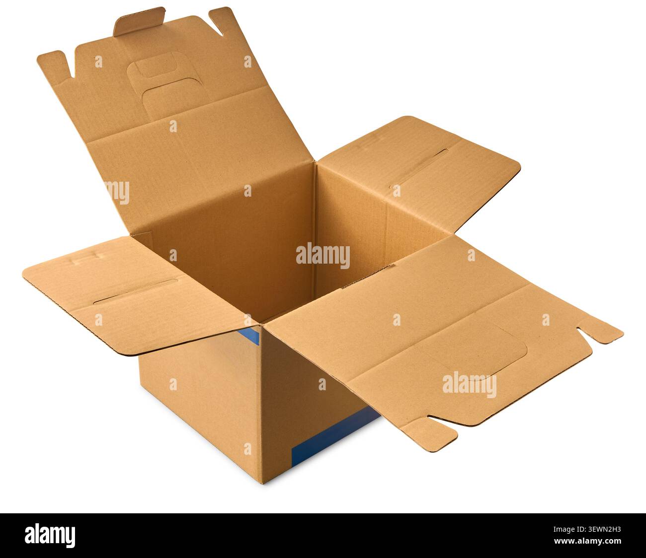 open blank empty cardboard box isolated white background, brown corrugated paper container with flaps folded out, mock-up template of packaging Stock Photo