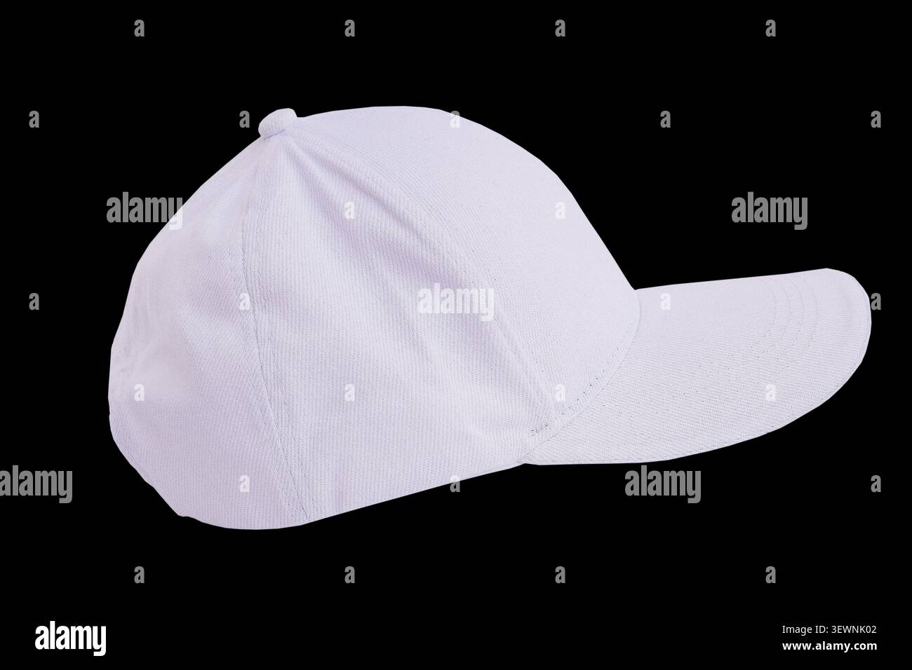 White Cotton Baseball Cap: Blank Twill Unbranded Hat Design isolated on black background. Stock Photo