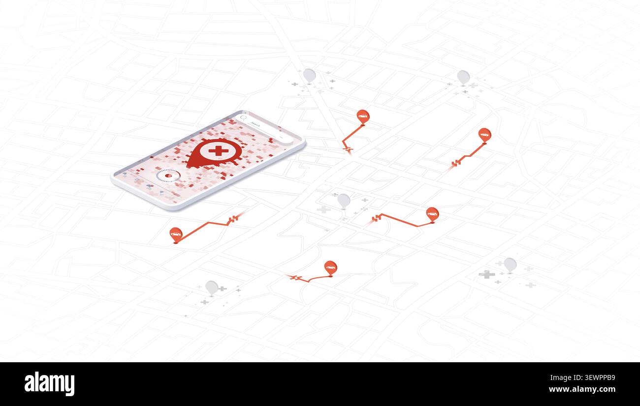 Isometric City Map with Mobile Navigation Interface and Location Markers Stock Vector
