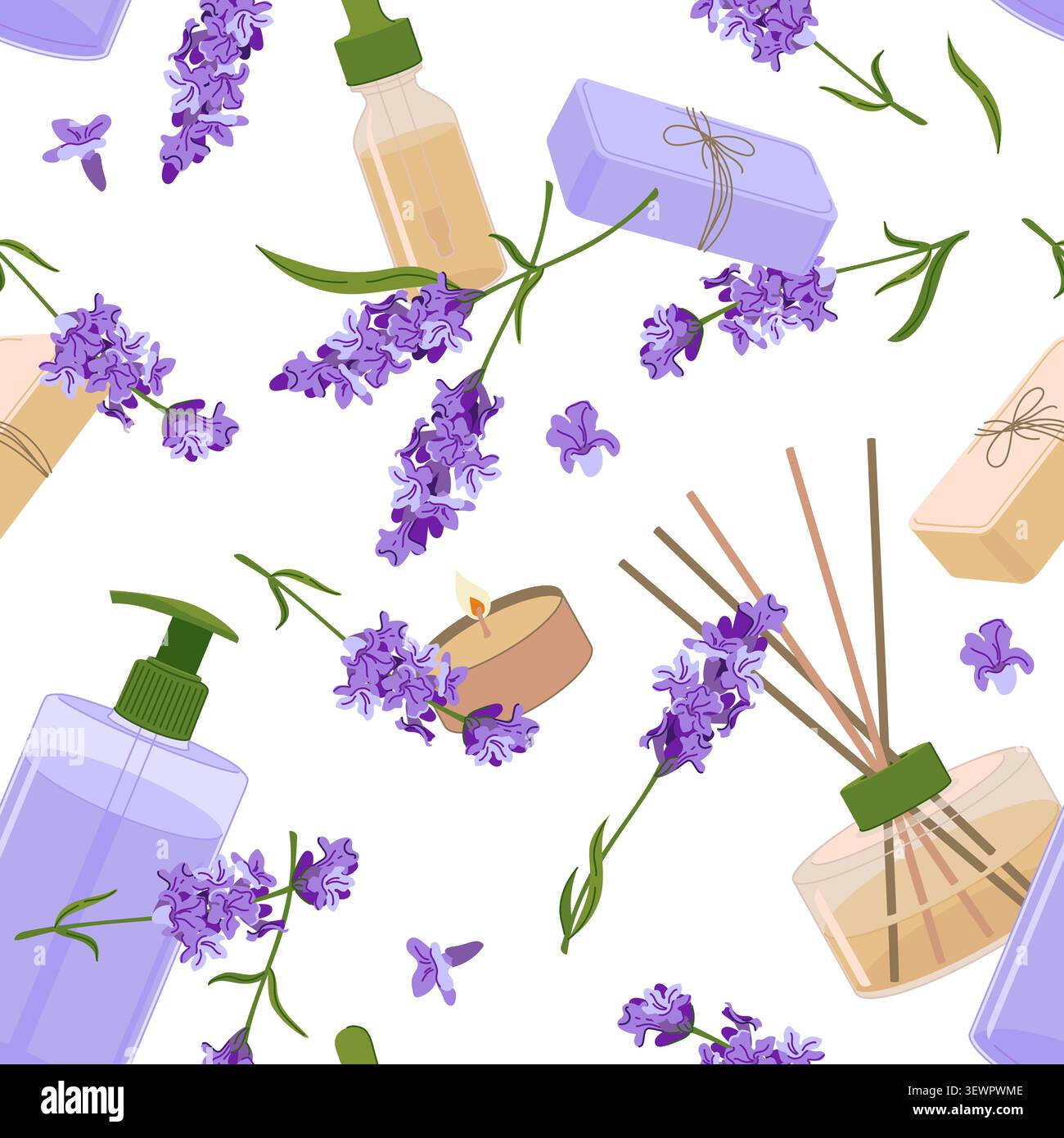 Spa accessories. Vector seamless pattern. Lavender soap, essential oil bottle, and reed diffuser. Fresh lavender sprigs create a calming atmosphere. P Stock Vector