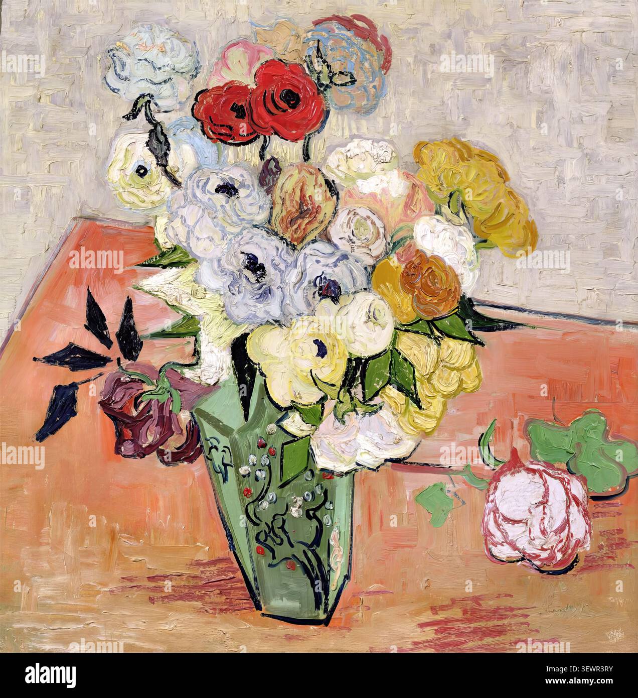 Japanese vase with roses and anemones 1890 hi-res stock