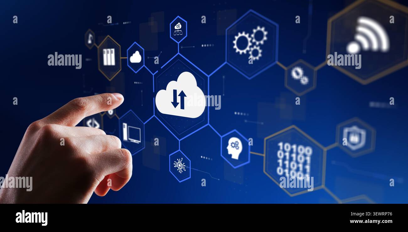 Cloud computing system for business data transfer and storage with interactive user hand and network icons Stock Photo