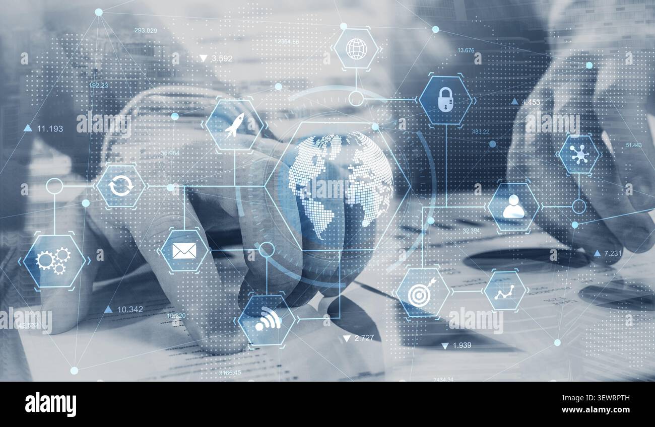 RPA robotic process automation system for enterprise workflow efficiency with digital network and hand interaction Stock Photo