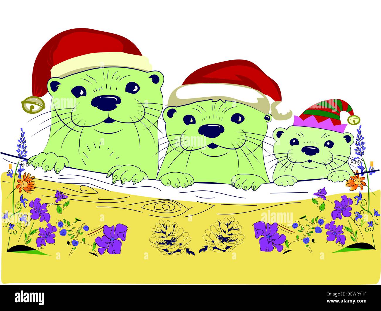 Santa hat and three otters Stock Vector