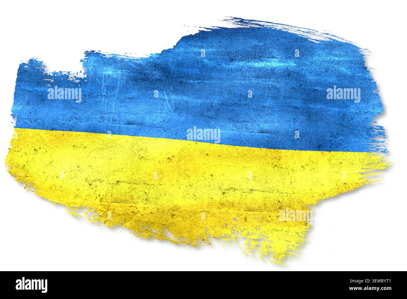 Distressed blue and yellow colors creating symbolic abstract brushstroke on white background Stock Photo