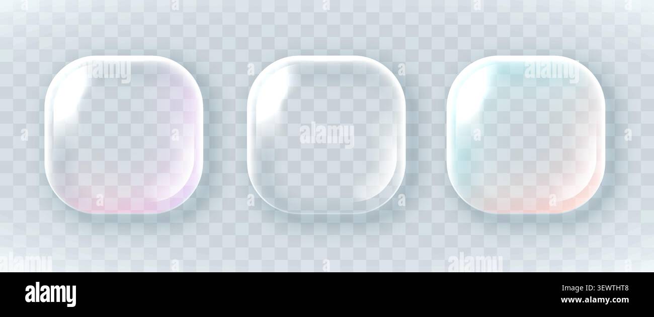 Set of three glossy glass square buttons. Transparent rounded frames for your design. Vector illustration. Stock Vector