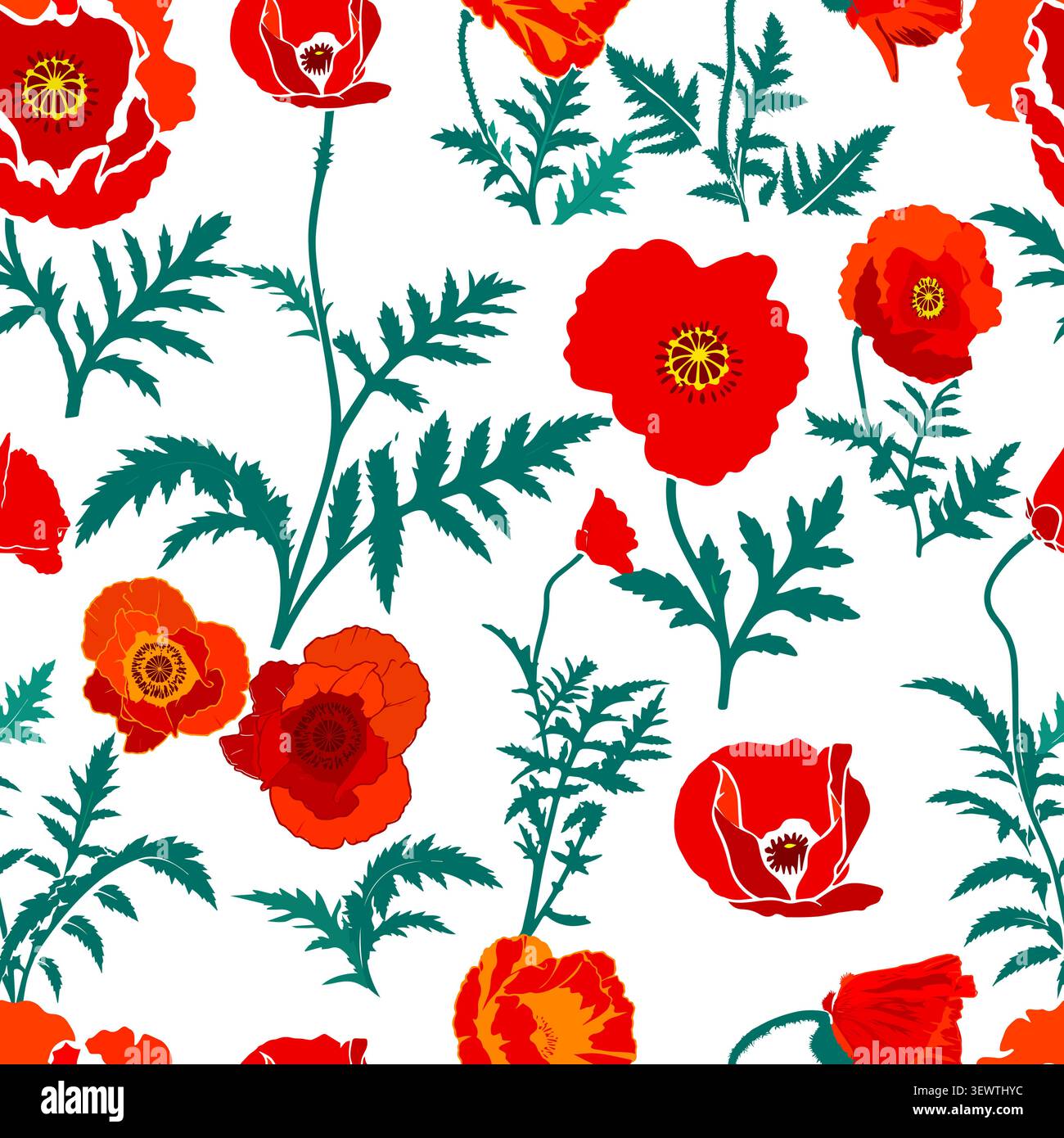 Red poppy seamless pattern . Hand drawn. Not AI, vector illustration. Stock Vector