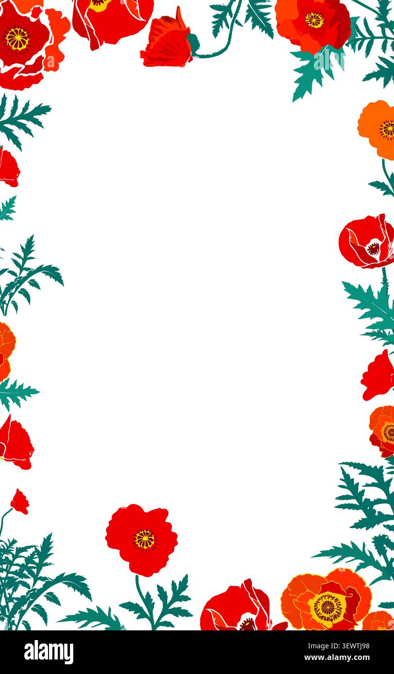 red poppy frame . Hand drawn. Not AI, vector illustration. Stock Vector