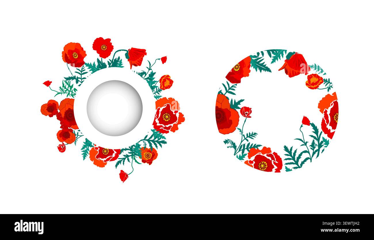 red poppy set round frames . Hand drawn. Not AI, vector illustration. Stock Vector