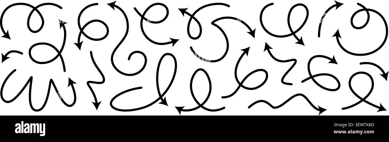 Arrow vector line set. Curved shape doodle brush element arow. Squiggly scribble direction up down abstract pointer. Change plan abstract stroke Stock Vector