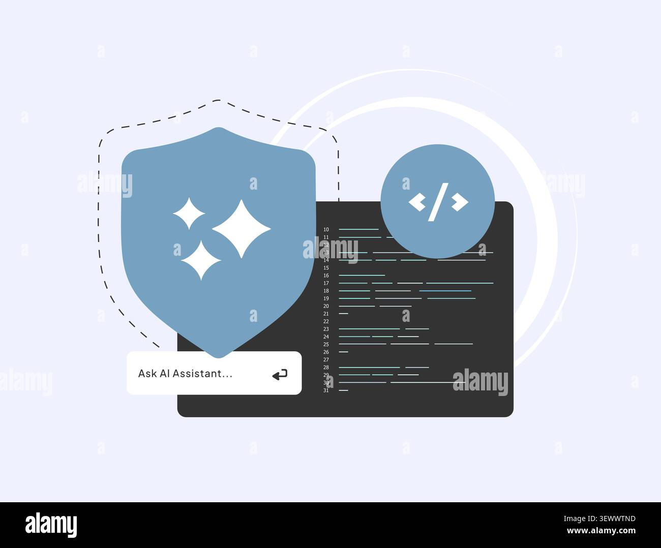 Secure AI coding with code generation, developer workflow and intelligent programming assistance. AI security, software development and secure coding practices vector illustration. Stock Vector