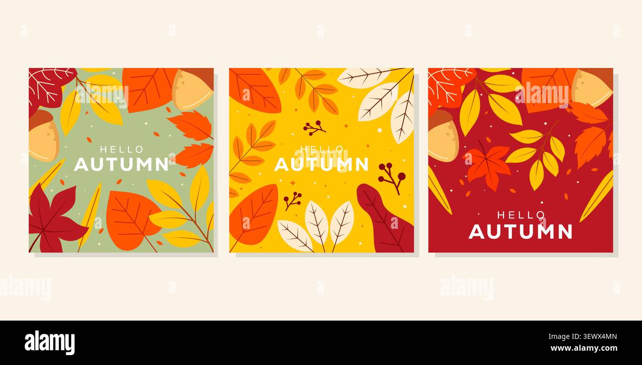Hello Autumn Square Social Media Post Template Collection Stock Vector