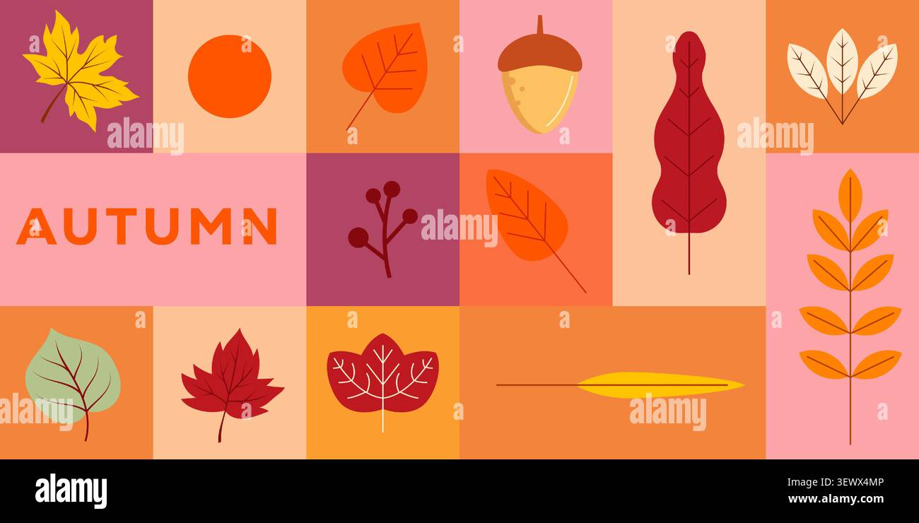 Autumn Leaf Geometric Seamless Pattern and Grid Background Stock Vector