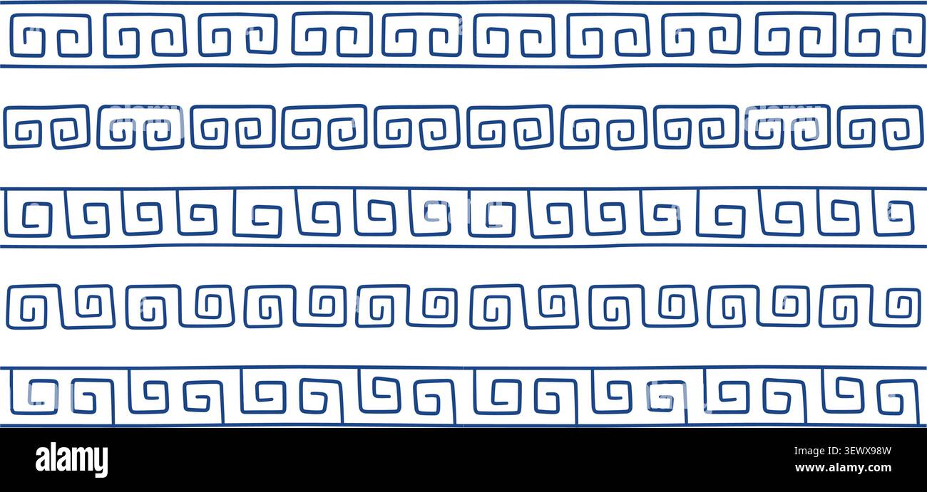 Ancient Greek doodle seamless border. Rome hand drawn meander ornament line. Doodle decoration ancient pattern fret. Greek ethnic repeat stripe Stock Vector