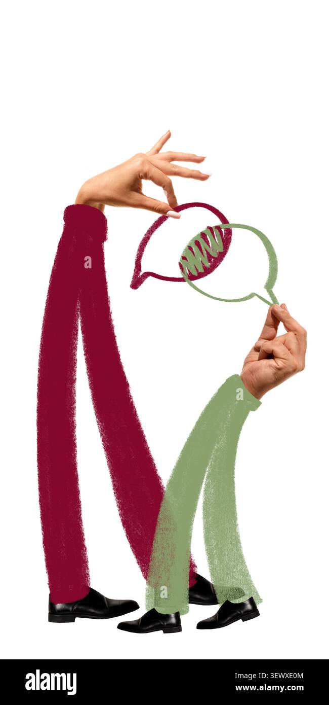 Mixed media hands holding speech bubbles in creative conversation. Stock Photo