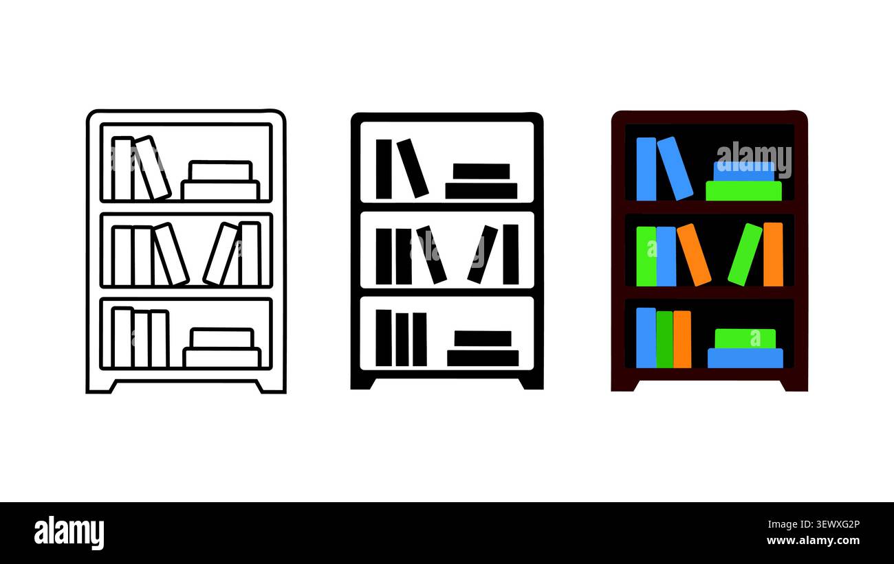 Bookshelf with books icon set outline silhouette and color vector isolated on white background Stock Vector