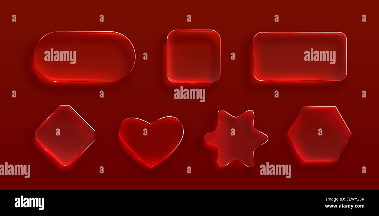 Transparent glass frames with glossy morphism effect, vector set isolated on red background. 3D ui elements with realistic texture, rounded corners, crystal clear borders for modern digital interface Stock Vector
