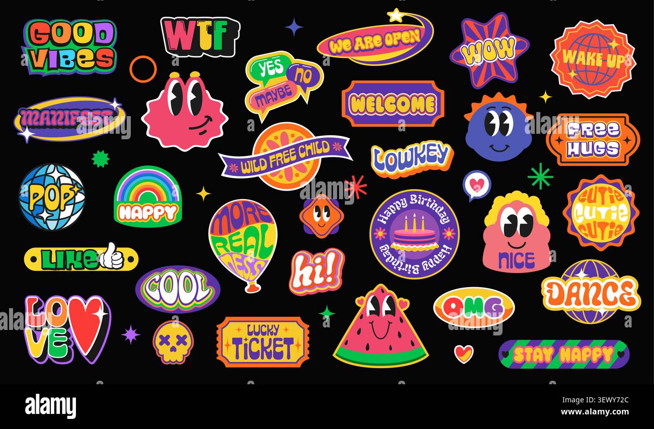 Y2k stickers. Cute flower smile. Retro heart icon or girl emoji