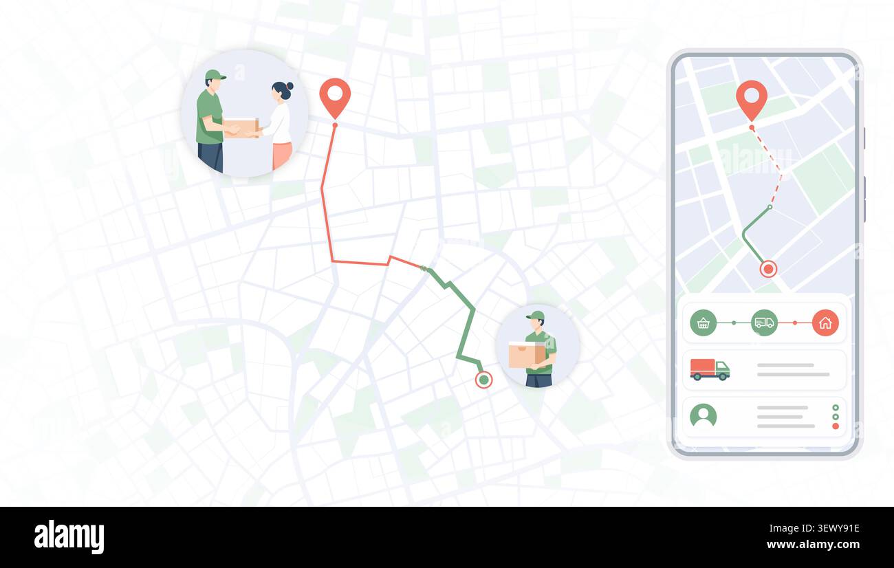 Delivery app interface with map tracking and courier illustrations Stock Vector