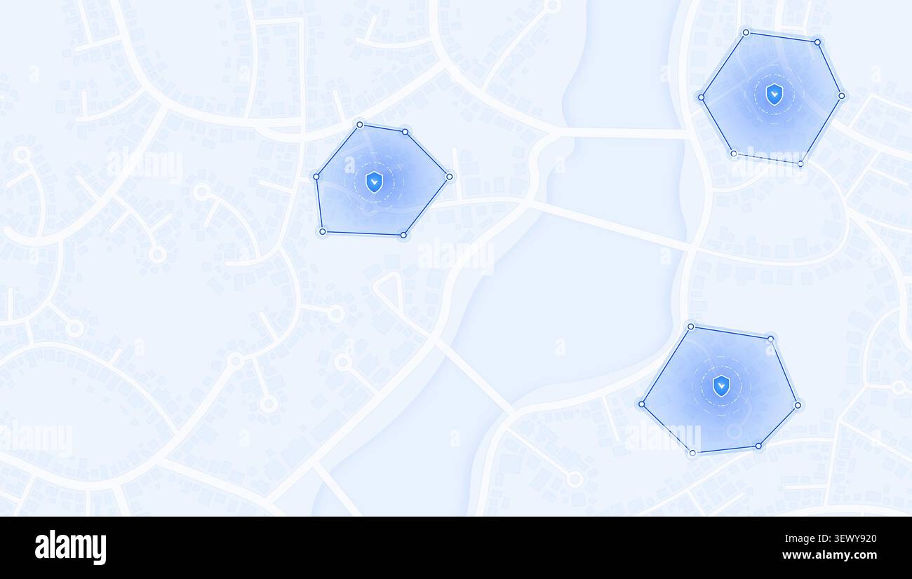 Highlighted shield icons with Hexagonal Security Zones on city map Stock Vector