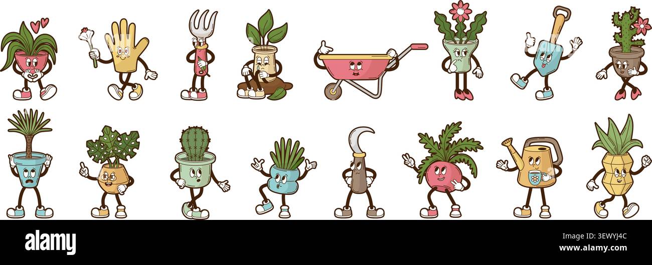Funny garden tools characters. Shovel, watering can, glove. Isolated groovy plants in pots, green leaves, palm tree, flower and cactus, neoteric Stock Vector