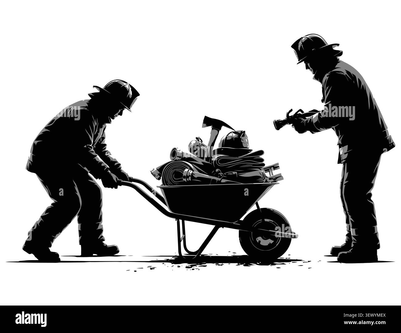 Construction Workers with Wheelbarrow Silhouette Vector Icon Stock Vector