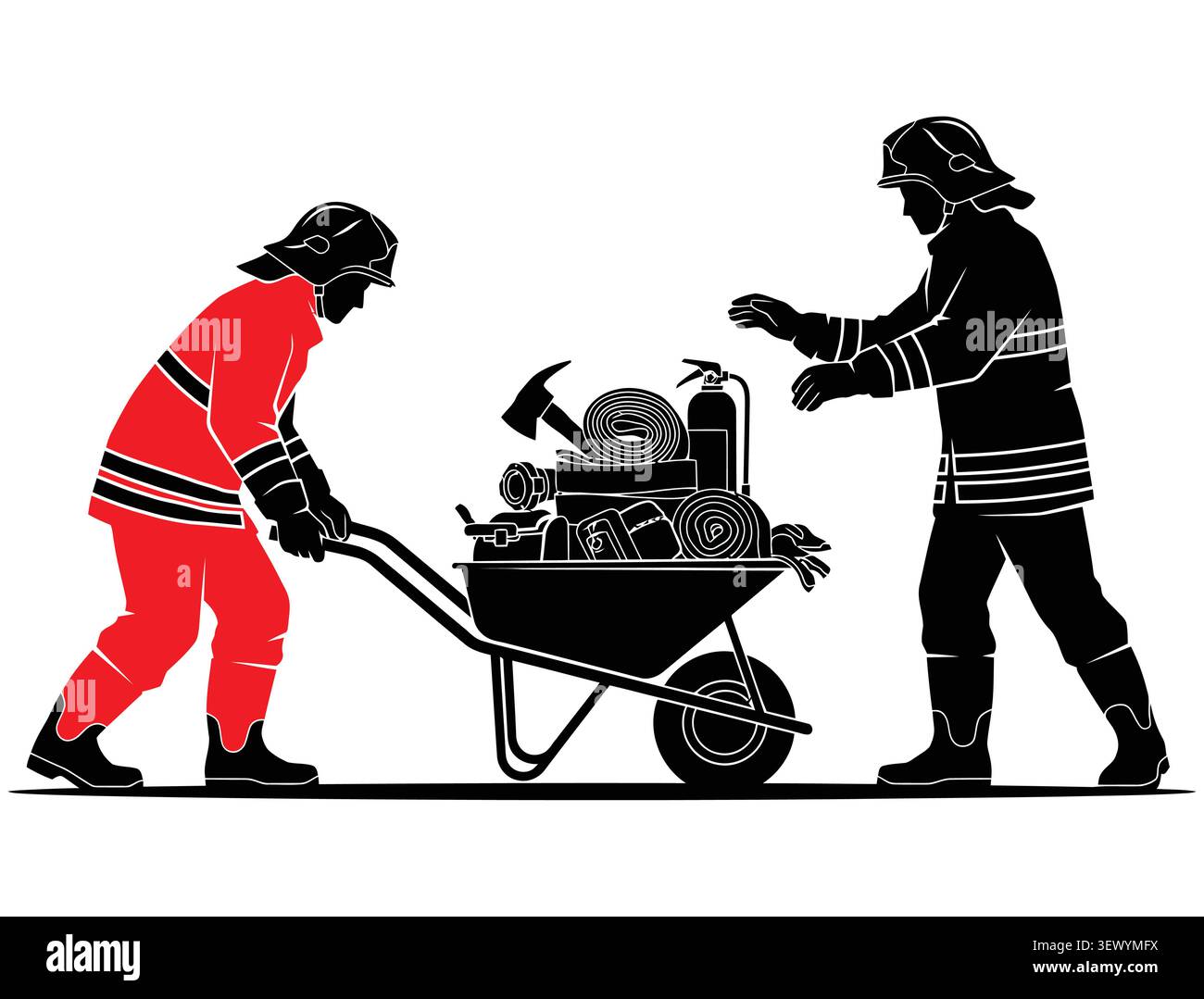 Firefighters working with tools and equipment, hard hat Stock Vector