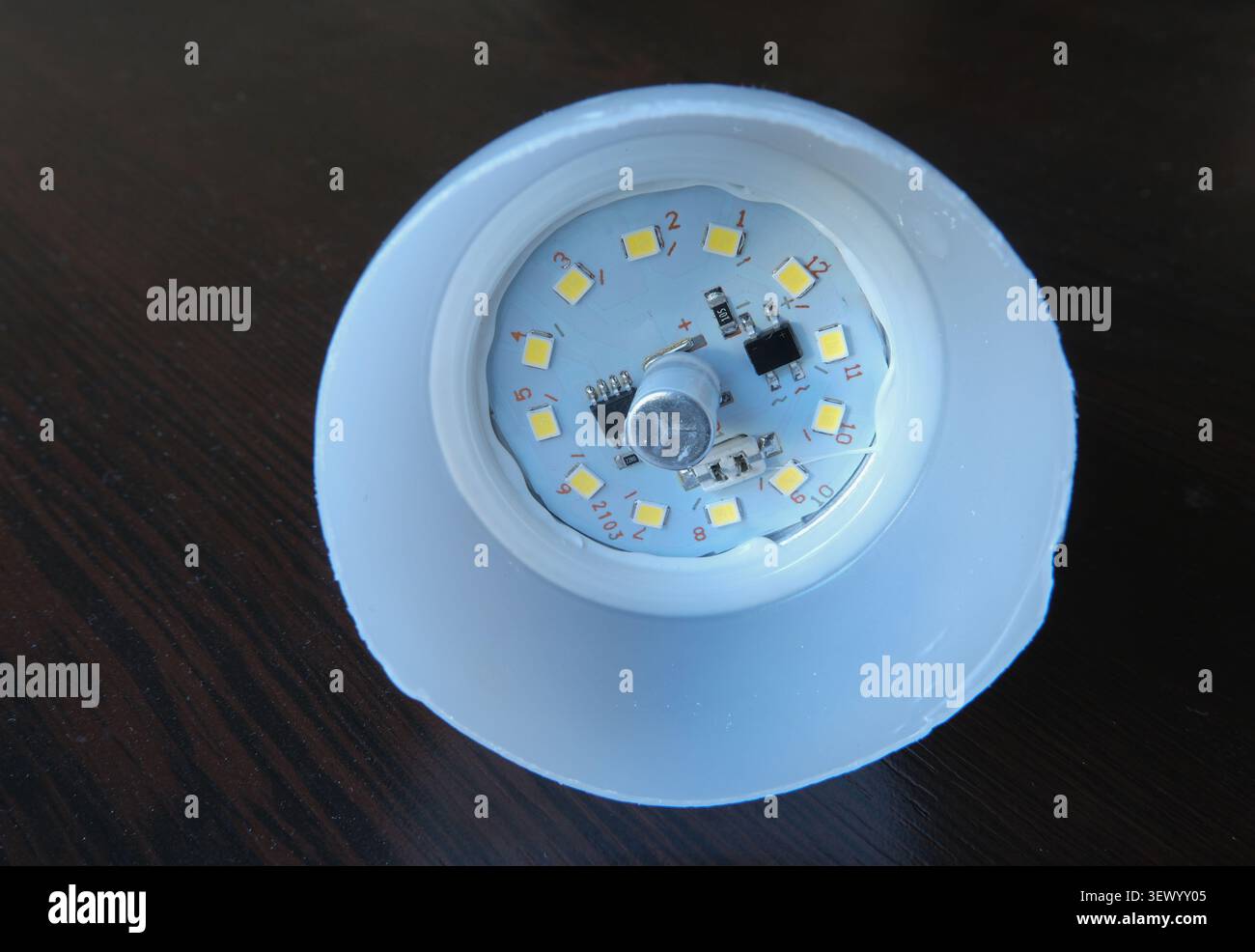 Inside of a LED lightbulb. Stock Photo