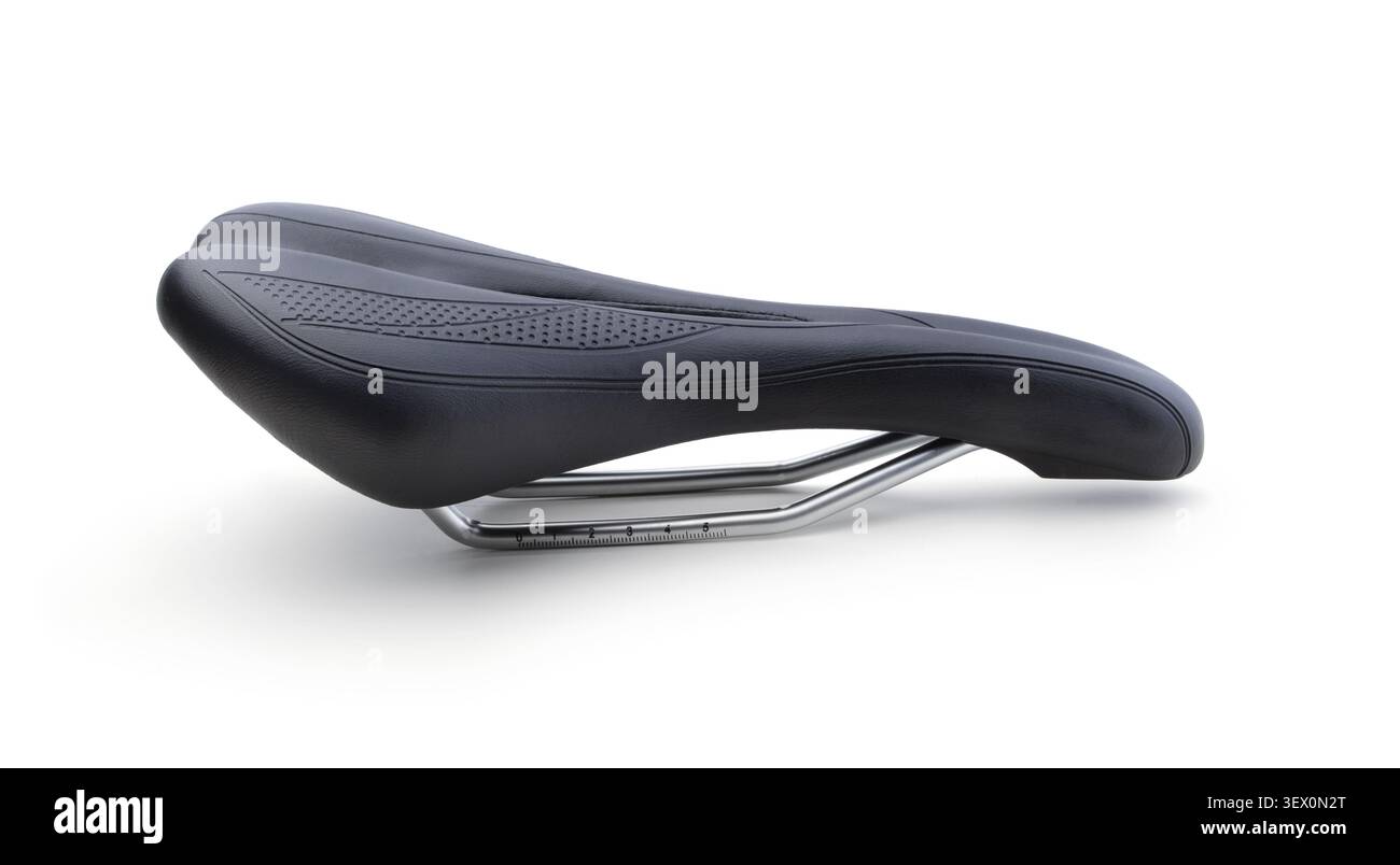 A new modern bicycle saddle isolated on white. Stock Photo