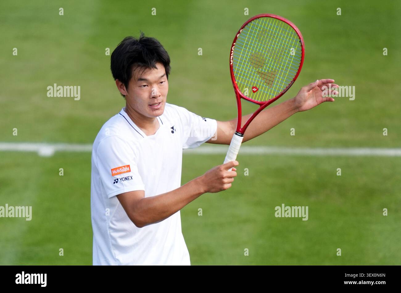 Michael Zheng of the United States celebrates victory following his match against Cameron Norrie of Great Britain during the Gentlemen's Singles on day one of the 2026 Wimbledon Championships at the All England Lawn Tennis and Croquet Club, London. Picture date: Monday June 29, 2026. Stock Photo