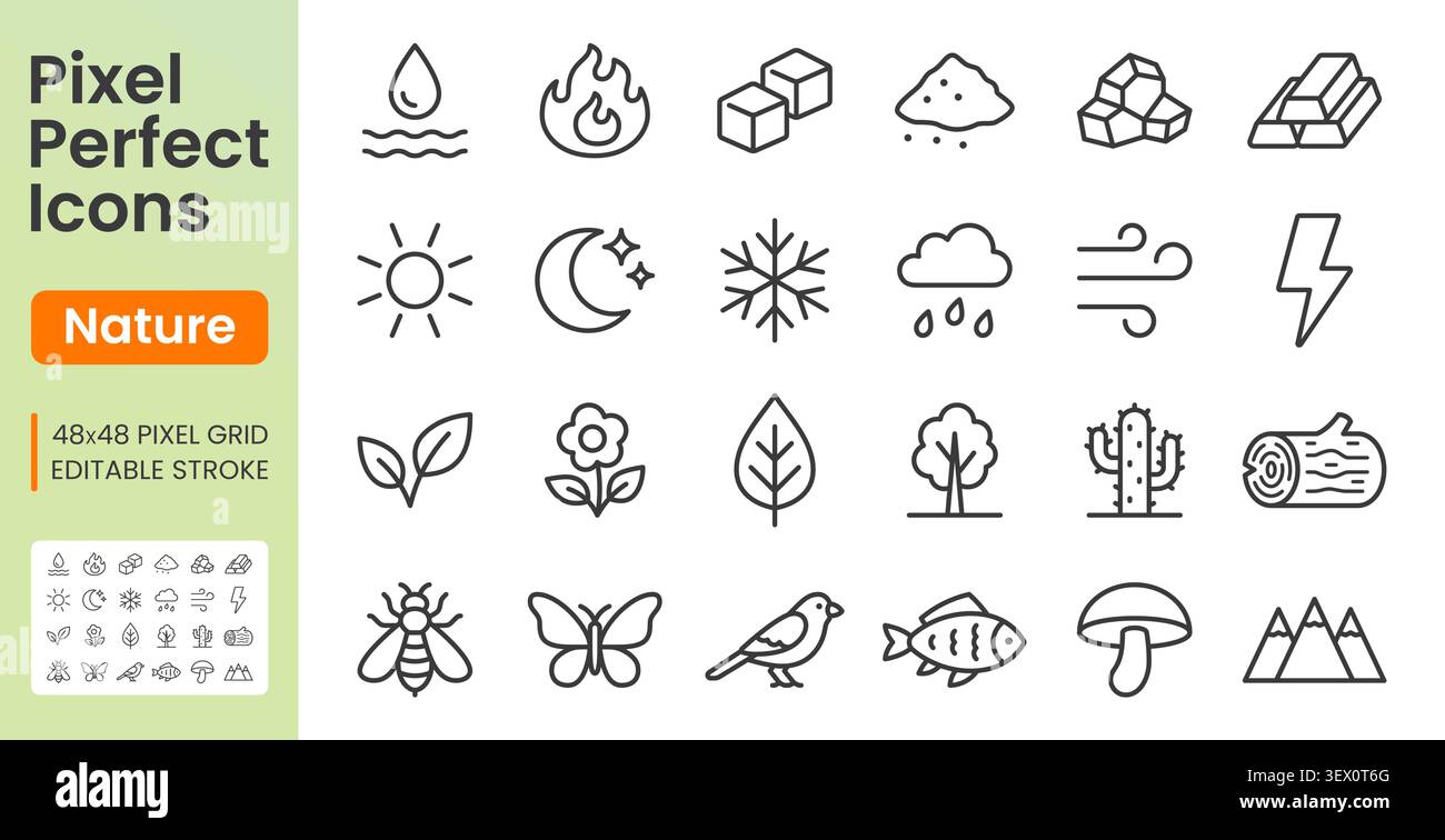 Nature elements line icon set. Summer season, ice cube, tree wood, flower, moon, water, fire, insects linear minimal vector illustration. Simple Stock Vector