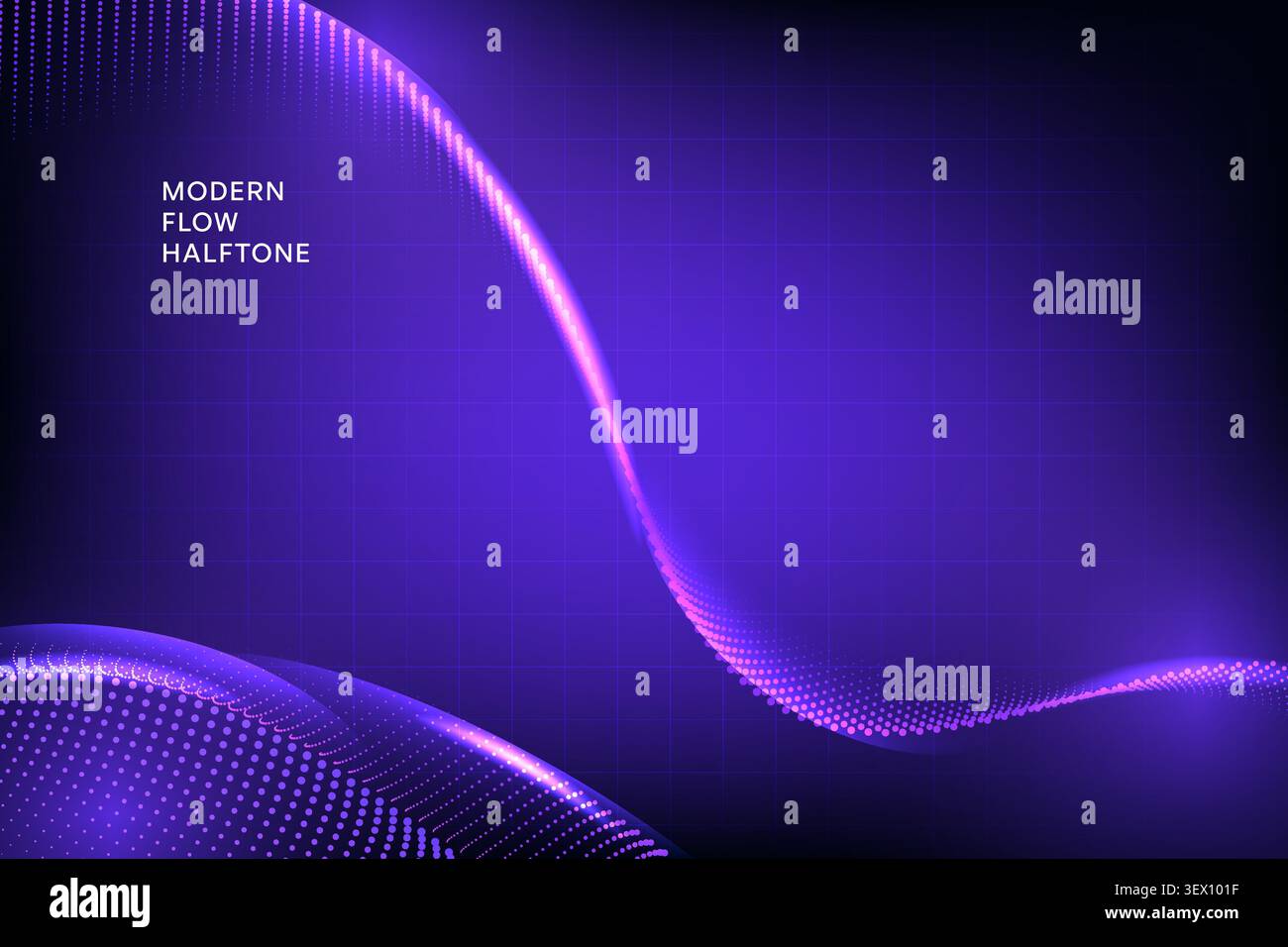 Futuristic Purple Particle Wave Background with Grid and Glow Effect Stock Vector