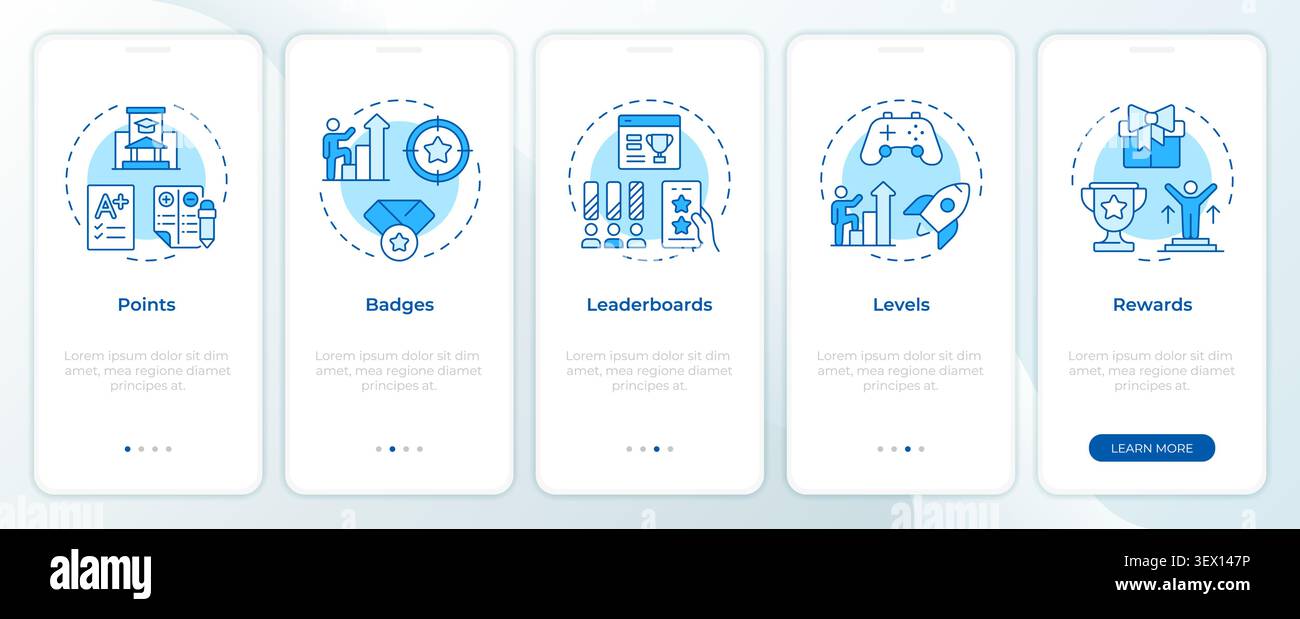 Gamification elements blue onboarding mobile app screen Stock Vector