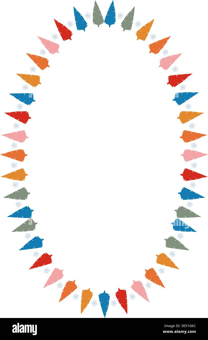 Colorful bright pine tree frame. Festive greeting template with Christmas tree elements Stock Vector