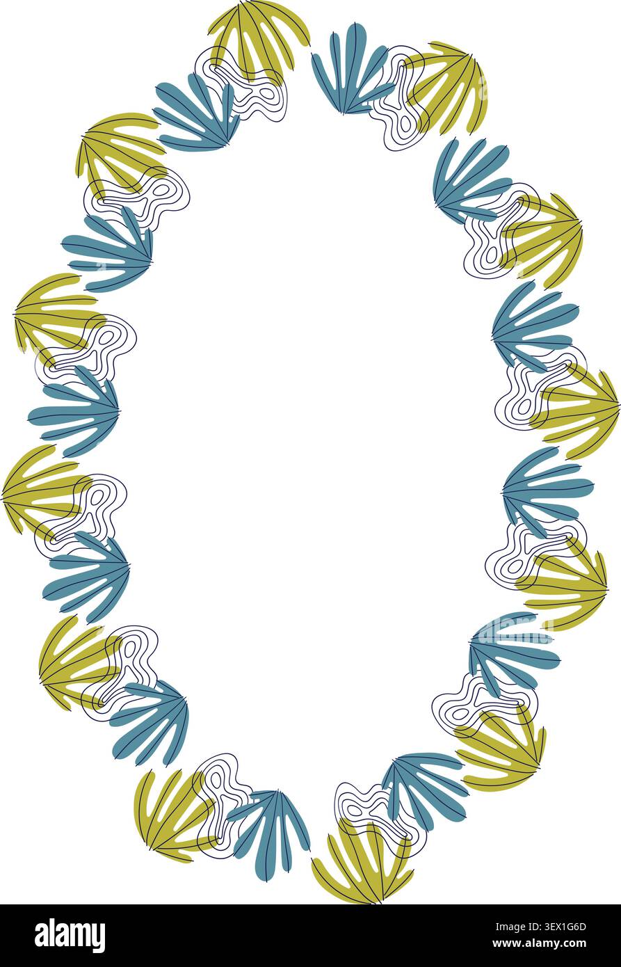 Oval frame template with leaf elements decoration. Colorful border with empty space for your text Stock Vector