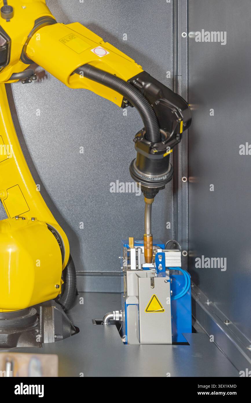 Automatic Welding Robotic Arm Metal Beam Workshop Stock Photo