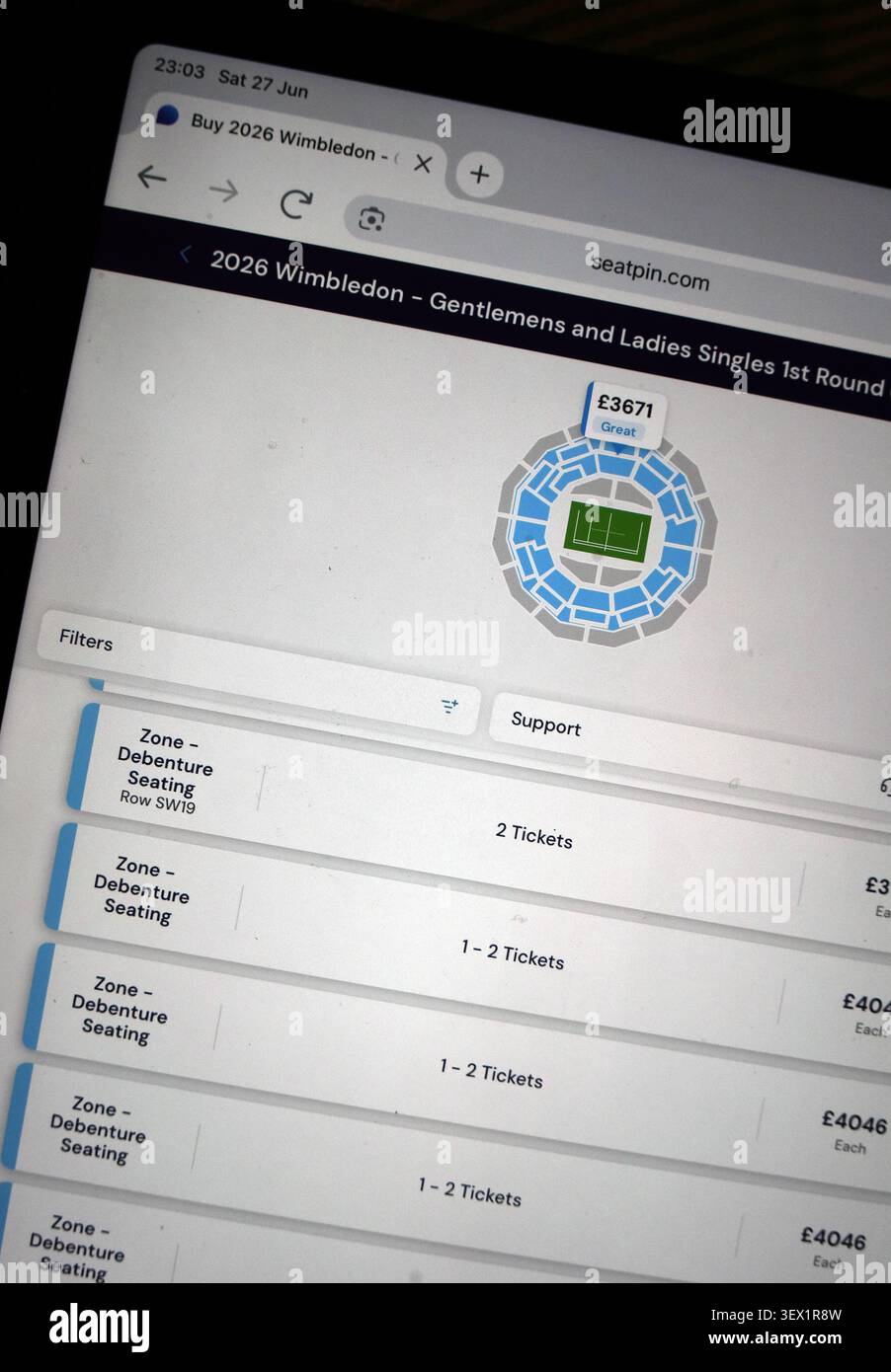 Seatpin lists Wimbledon 2026 Centre Court debenture tickets from £3,671, highlighting extreme prices on the secondary market. Stock Photo