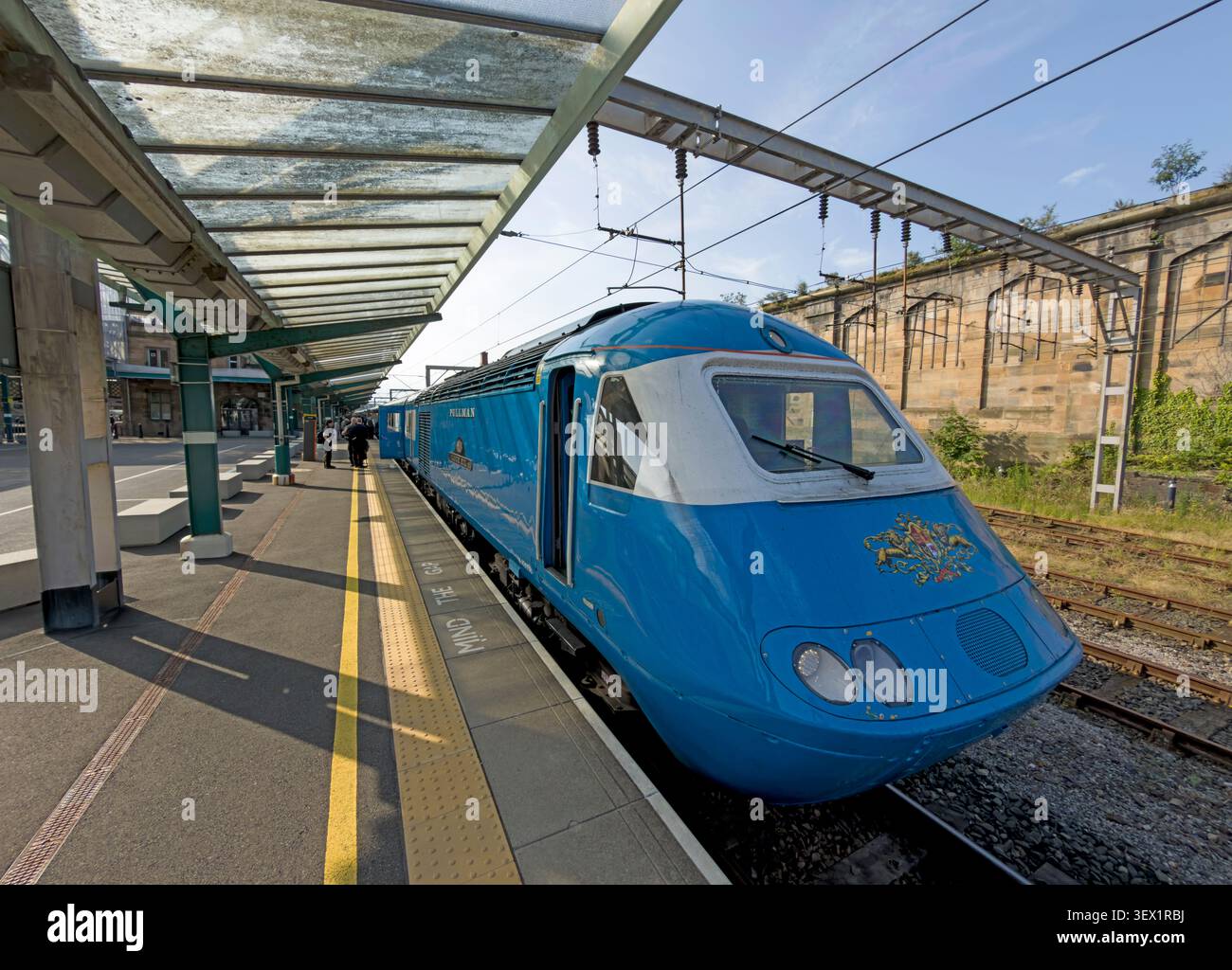 Blue Midland Pullman HST Intercity 125 power car 43058 Loch Eil on platform at Carlisle railway station on an Oban charter, 24 Jun 2026. Stock Photo