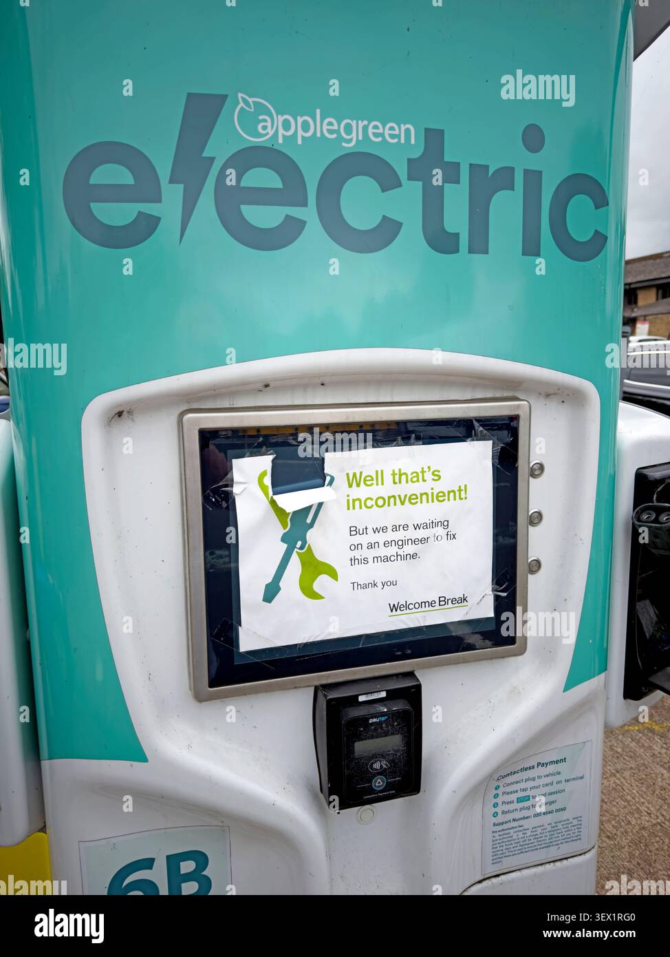 Out-of-service Applegreen Electric EV charger at Abington Services on the M74, raising range-anxiety concerns for motorists Stock Photo