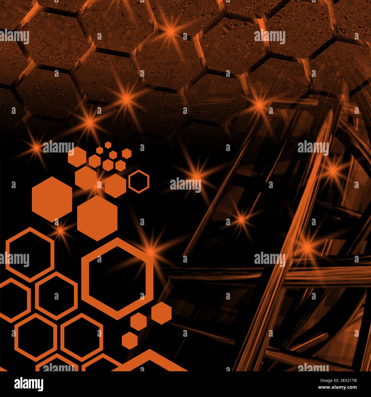 Futuristic Orange Hexagon Background with Glowing Light Effects Stock Vector