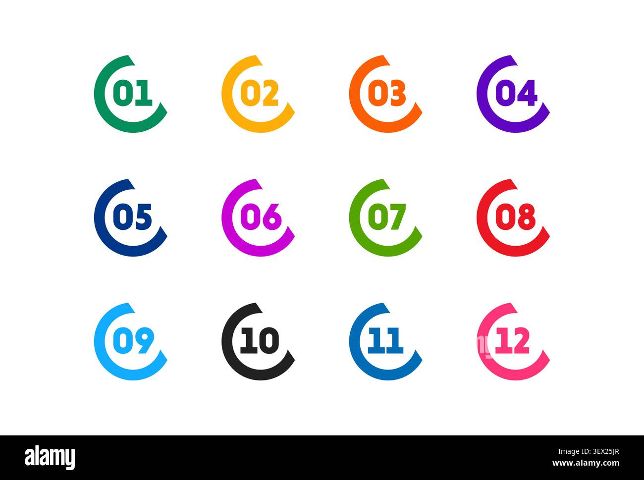 Colorful Numbered Bullet Points 1 to 12 Vector Set Stock Vector