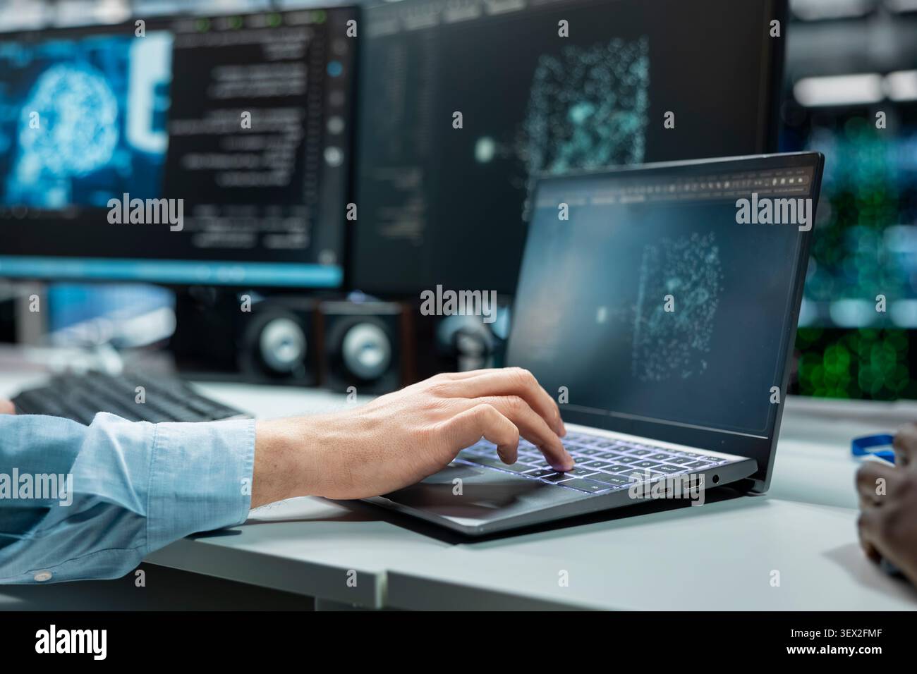 Engineer uses an AI language model assistant in a server hub to handle infrastructure maintenance. Stock Photo