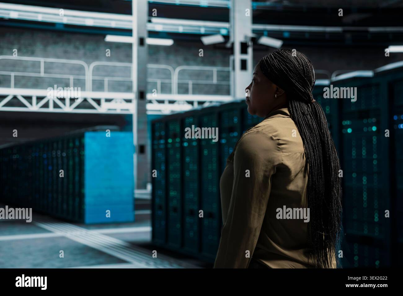 Team supervisor walking in data infrastructure center with supercomputers supporting business needs with supervisor doing checkup. Stock Photo