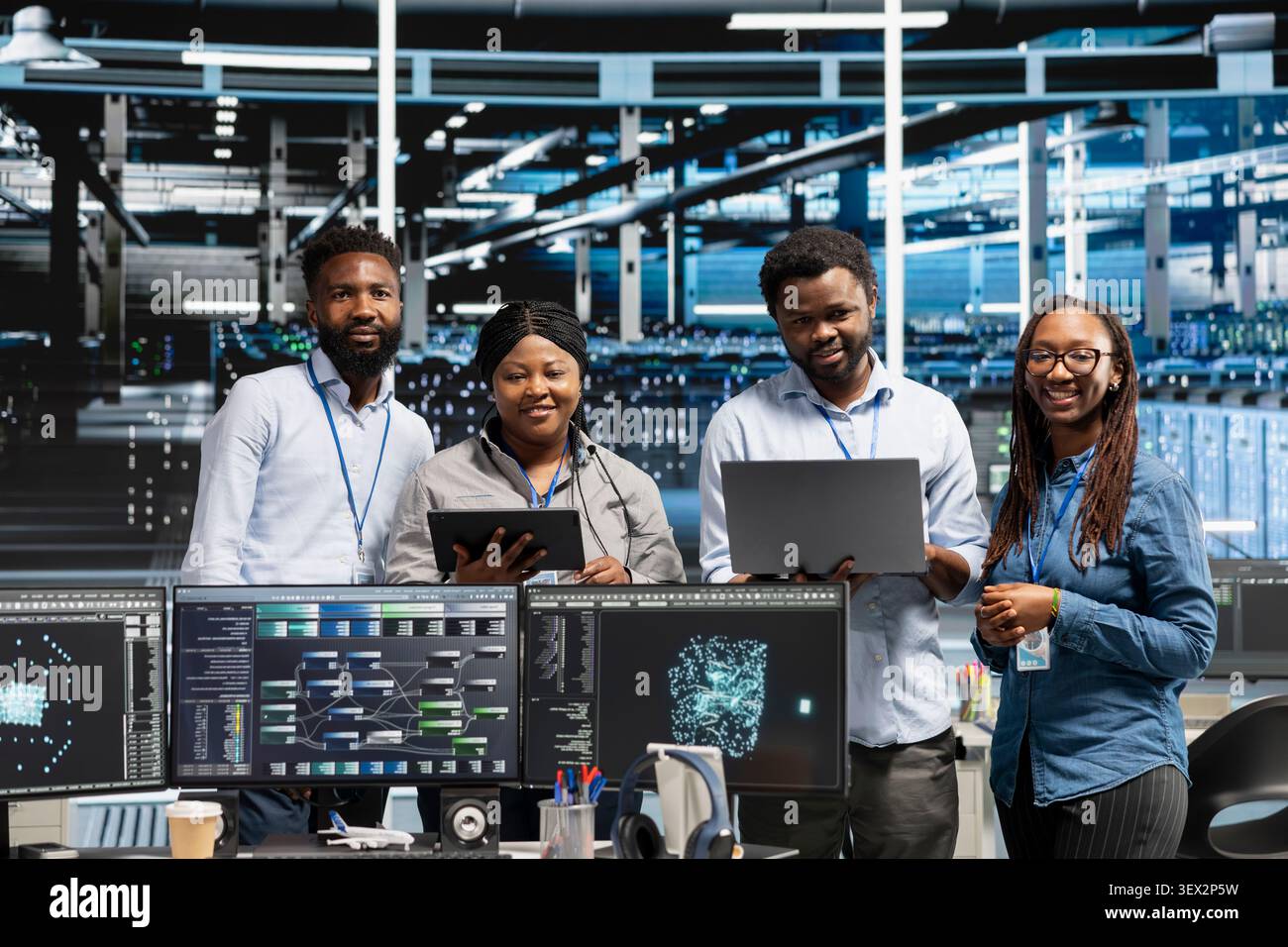 Friendly computing hub engineers working with AI algorithms and node trees categorizing and clustering unstructured data with happy server facility team members working with Natural Language. Stock Photo