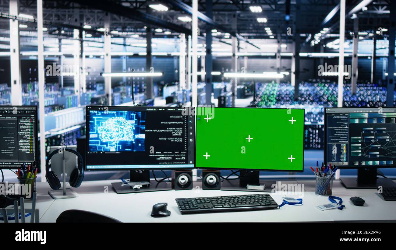 Server room chroma key workstations tracking server hardware processing machine learning datasets for AI operations. Stock Photo
