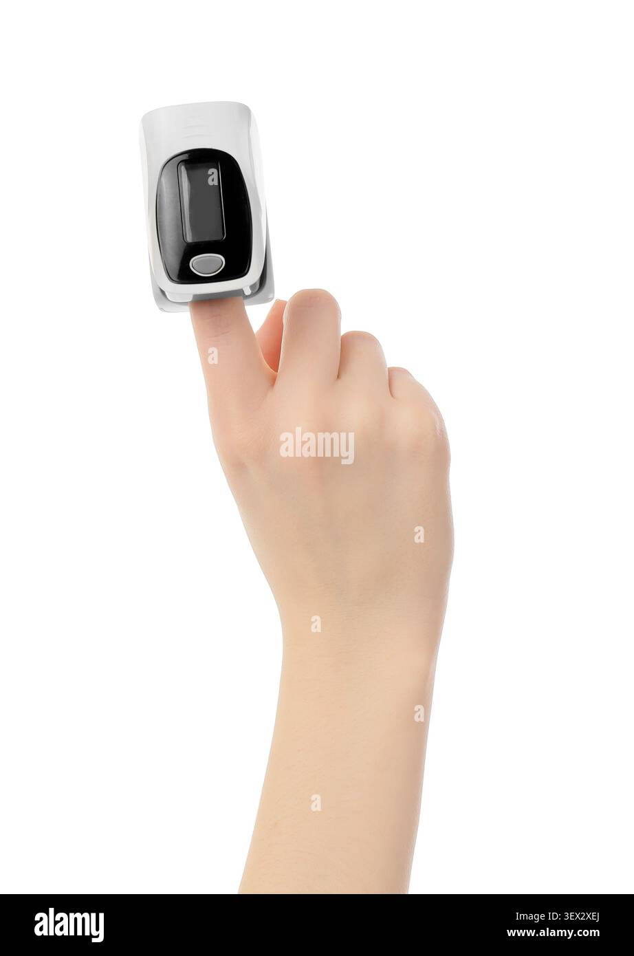 Hand using fingertip pulse oximeter on white background Stock Photo