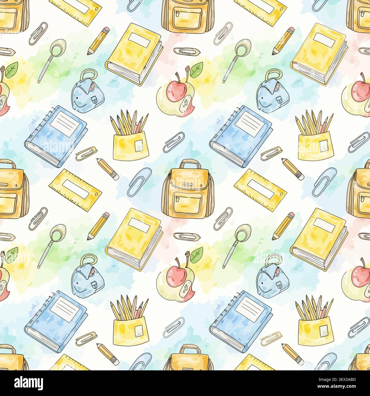 Watercolor Back to School Seamless Pattern Stock Vector