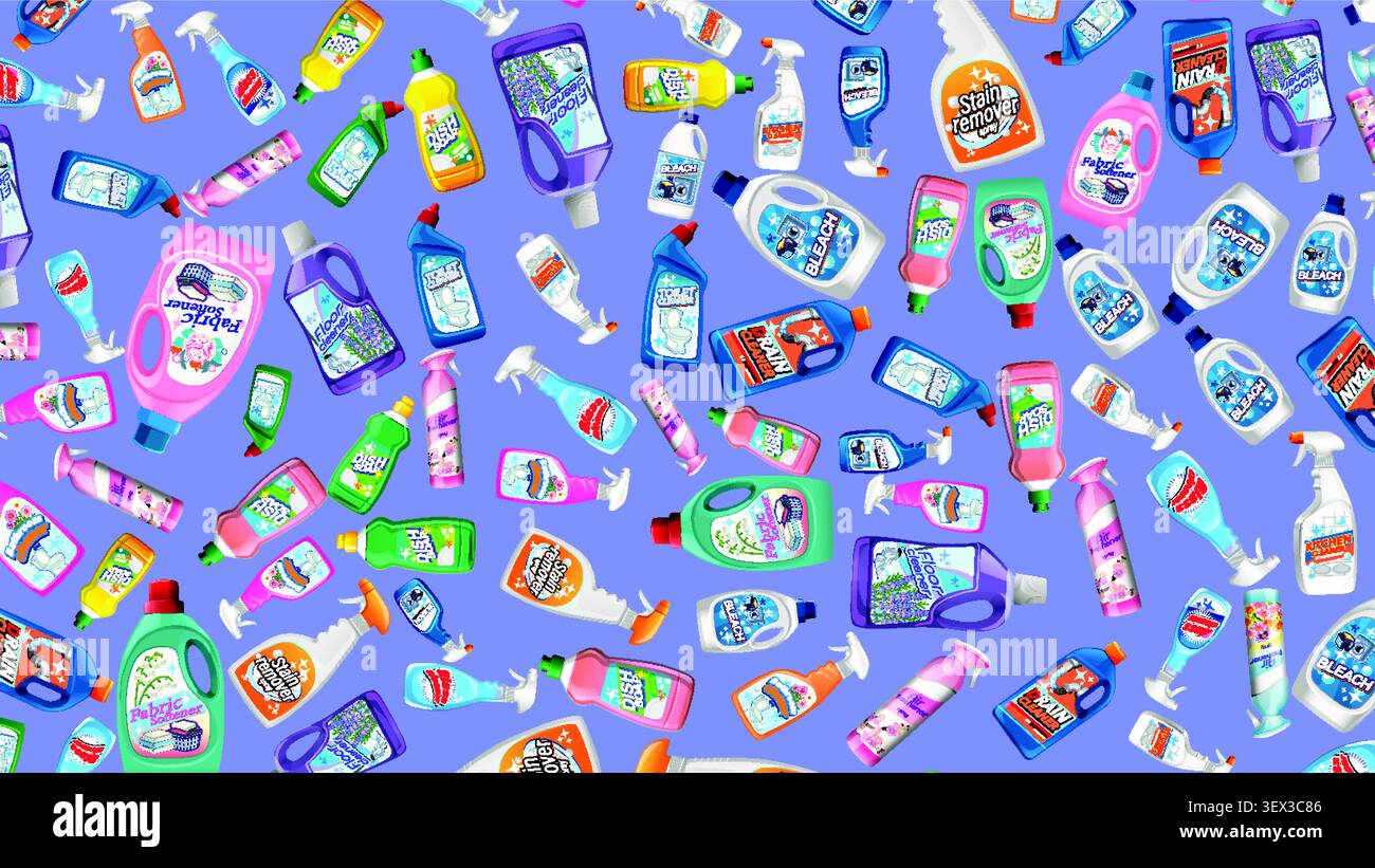 Flat vector illustration of various colorful cleaning supplies arranged in a repeating seamless pattern. Stock Vector