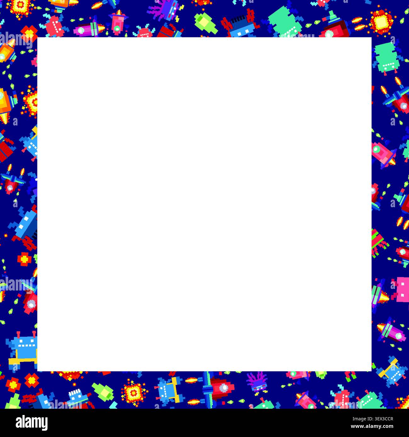 Colorful 8-bit video game sprites form a decorative frame around a white square background. Stock Vector